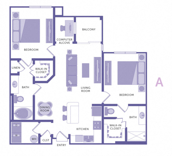 Floor plan for 2 beds, 2 baths, 1046 sqft